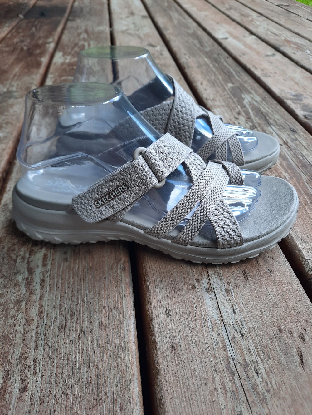 Skechers Luxe Foam Strappy Criss-cross Slide Sandals Taupe Comfort Sole Size 8 - Picture 4 of 15